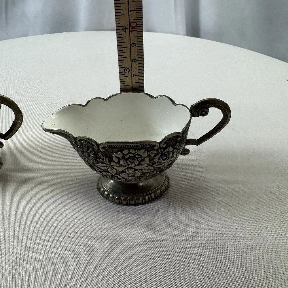 Silver Plated Creamer & Sugar‎ Bowl White Enamel Interior Roses Floral Japan